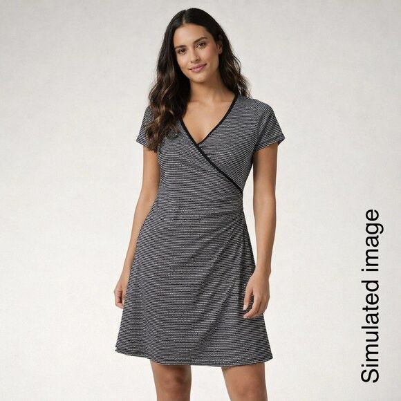 Dresses & Skirts - prAna Dress Womens Large Wrap Front Stretch Knit Black White Geometric Casual